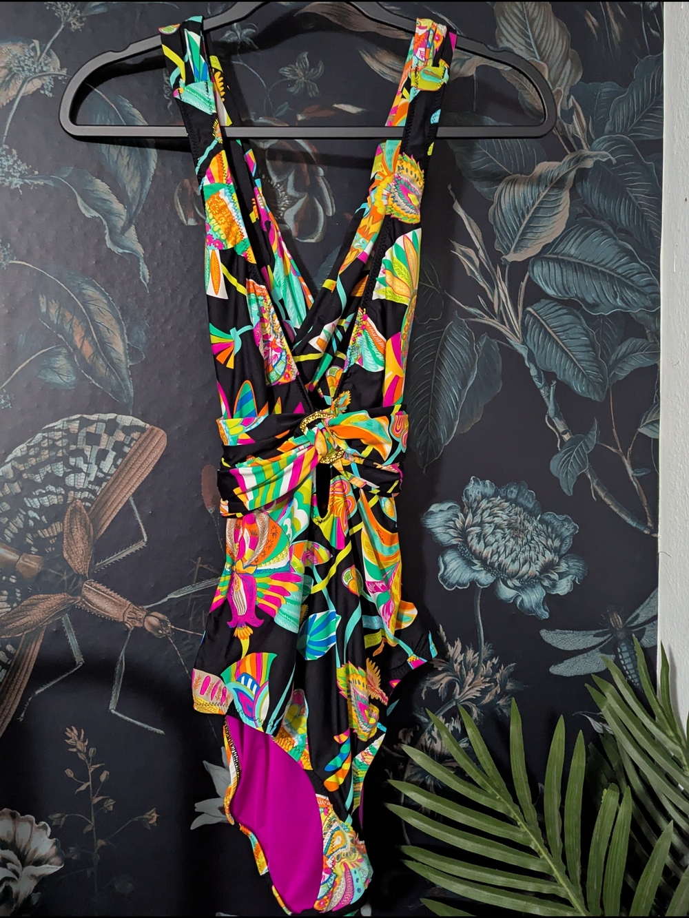Trina Turk Plunge Gold Ring One Piece Swimsuit Neon  Floral Sz 10